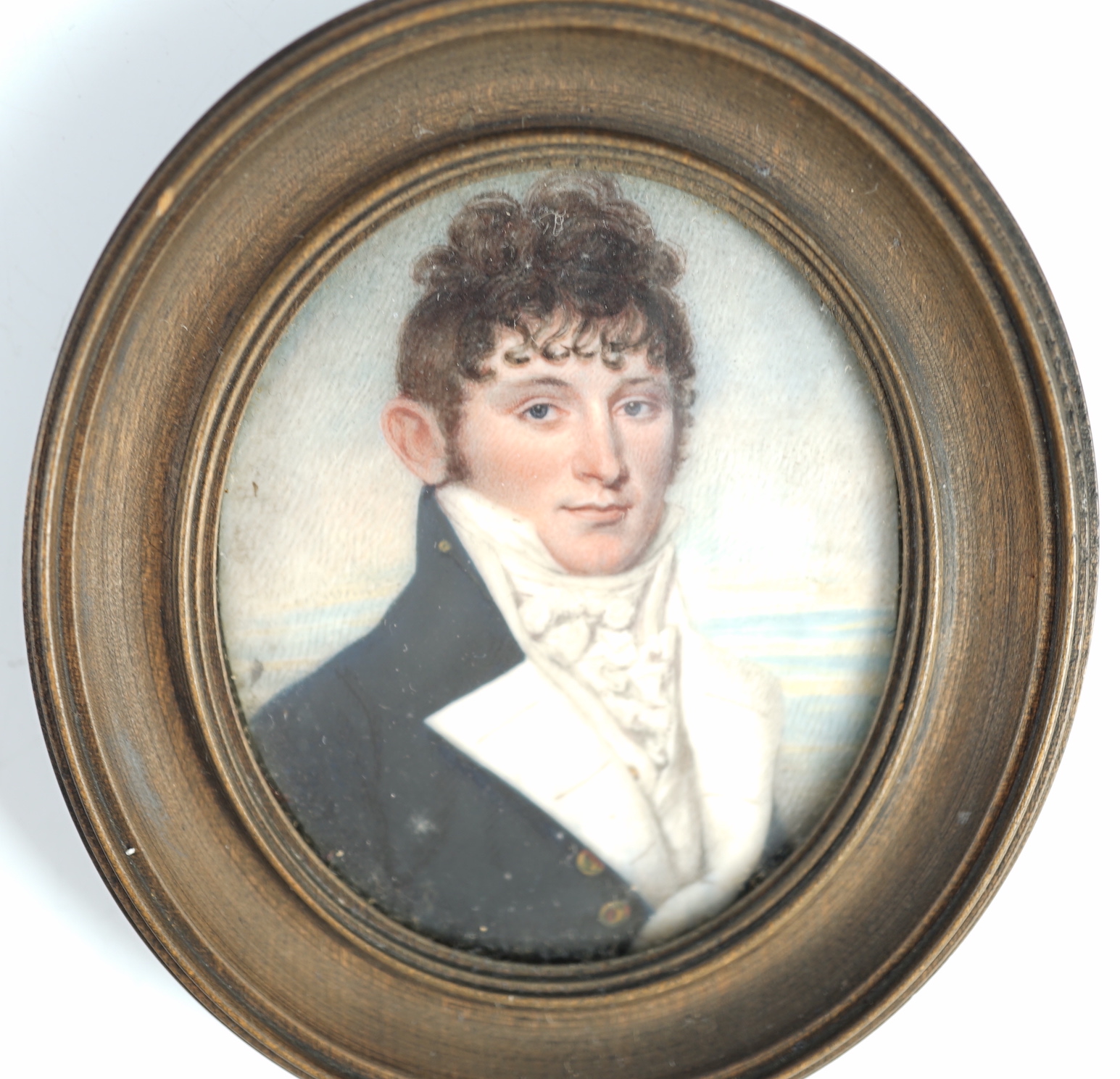 French School circa 1830, Portrait miniature of a naval officer, the sea beyond, watercolour on ivory, 6.2 x 5.3cm. CITES Submission reference REMVJFRP